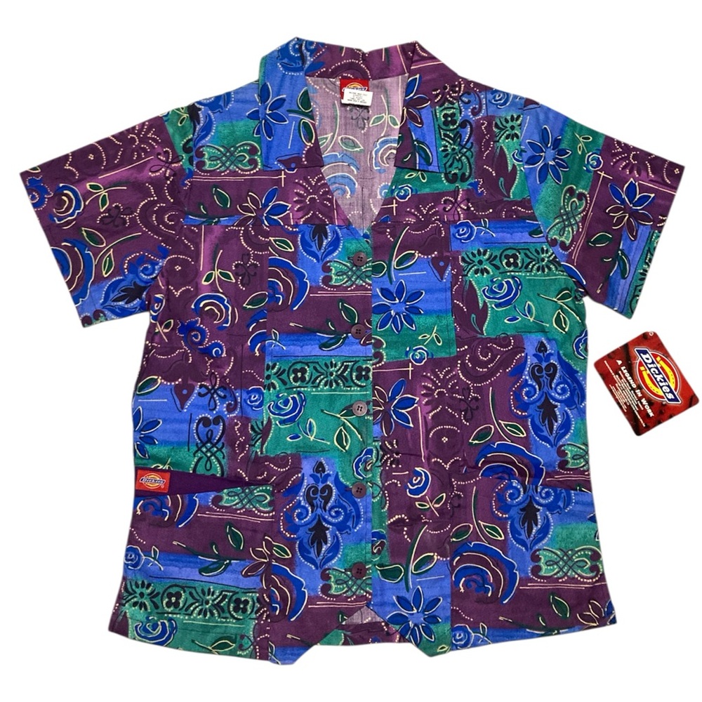 NWT Womens Dickies Button Up Floral Scrub Top Shirt Size SMALL Pockets